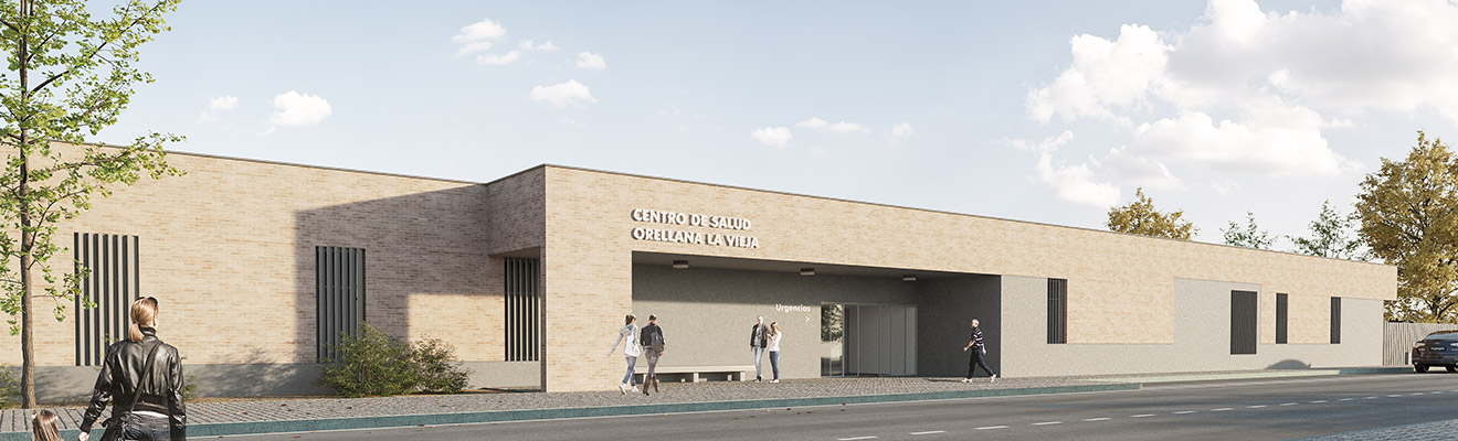 Vista exterior de la propuesta para el nuevo centro de salud en Orellana La Vieja diseñado por REONDO. Estudio de Arquitectura e Interiorismo en Sevilla